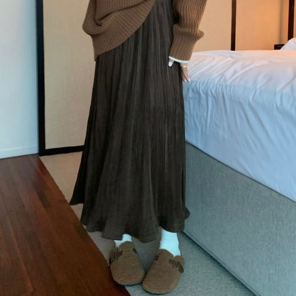 High Rise Plain Accordion Pleat Brown Maxi Skirt